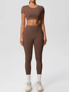 Women's Solid Crop Top & High Waist Leggings Tracksuit Set, Sporty Casual Comfy Breathable Outfits for Yoga Gym Workout Running, Ladies Sportswear for All Seasons