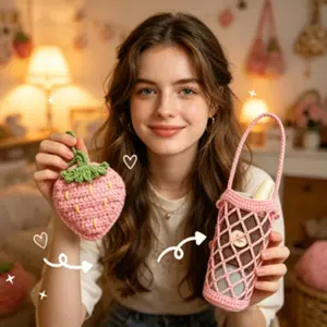 Summer Strawberry Hollow Cup Holder Bag Charm, DIY Crochet Starter Kit, Includes Video Tutorial, Perfect Gift for Beginners