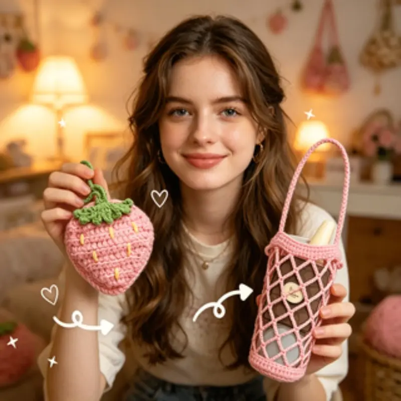 Summer Strawberry Hollow Cup Holder Bag Charm, DIY Crochet Starter Kit, Includes Video Tutorial, Perfect Gift for Beginners