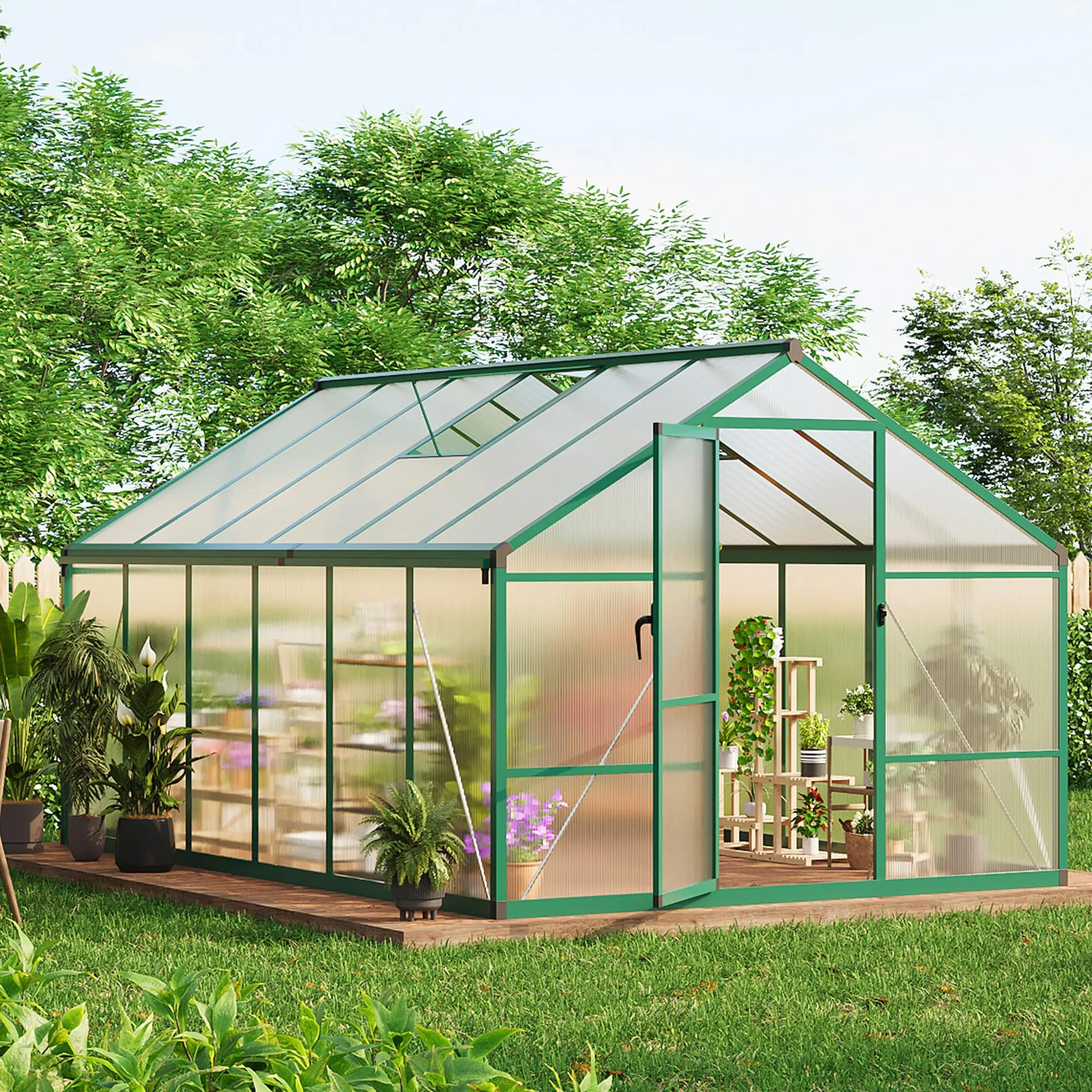 8X12 FT Greenhouse for Outdoors, Large Walk-in Polycarbonate Greenhouse Kit, Aluminum Frame, Lockable Door, Roof Vent, Ground Spikes, for Garden, Patio, Backyard, Outdoor Plant Growth