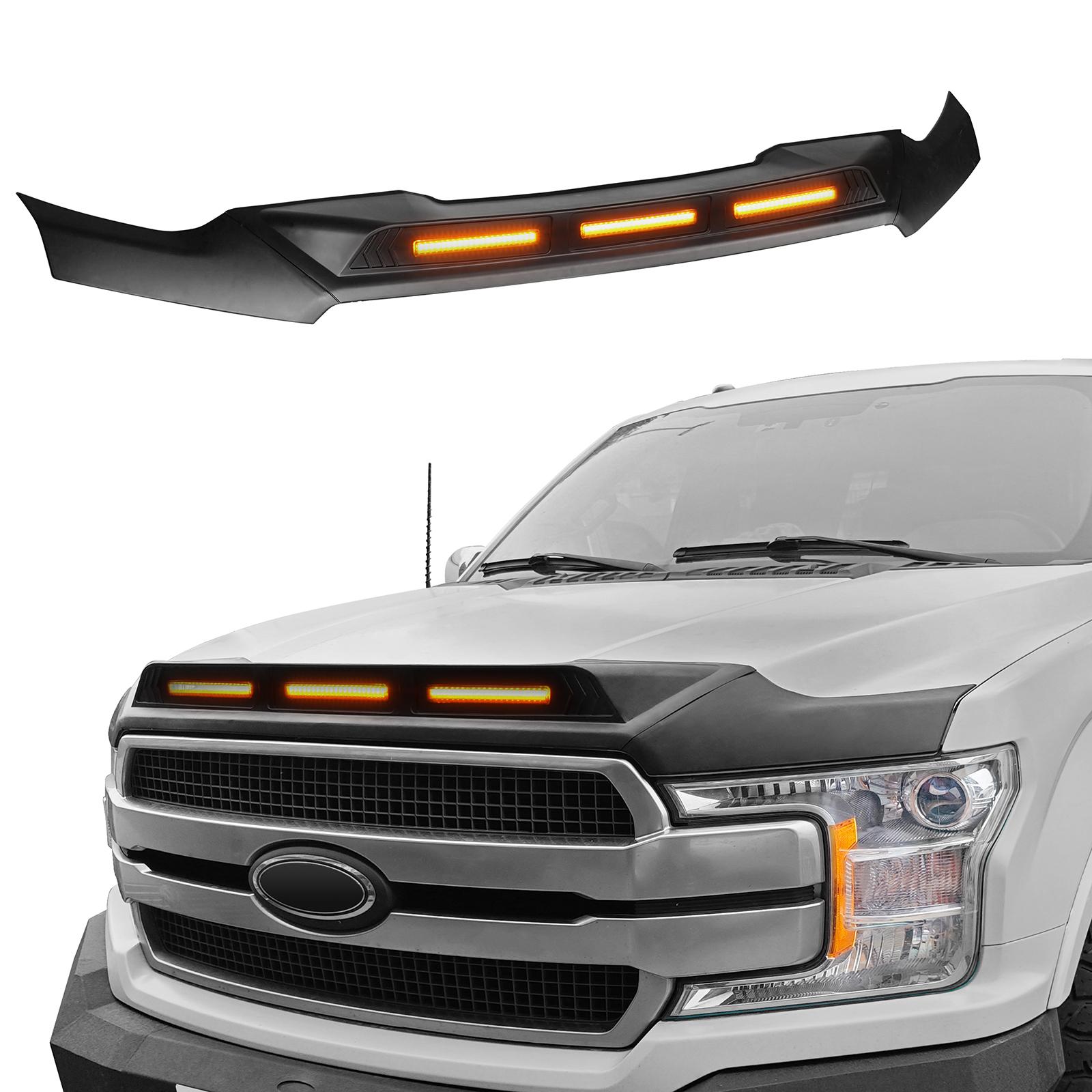 Hooke Road Hood Protector Stone Guard w/ Amber Lights Compatible with 2015-2020 Ford F-150(Excluding Raptor)