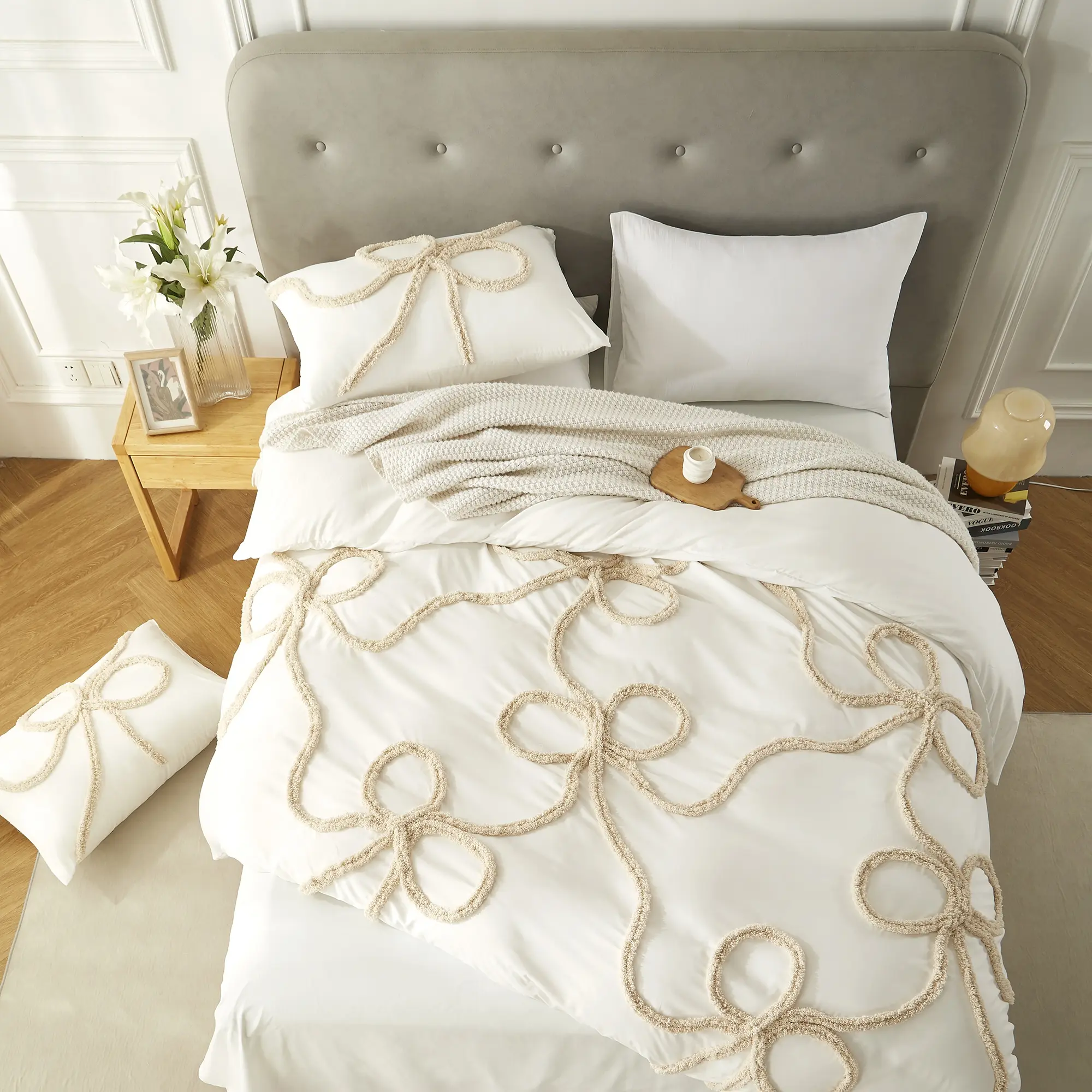 Bow-Pattern Tufted Duvet Cover Set with Zipper Closure, Includes 1 Duvet Cover and 1–2 Pillowcases (No Fillers), Soft Comforter Sets, Boho Bedding for Home & Bedroom, Breathable Duvet Set, Decorative Duvet Cover, Microfiber Duvet Cover