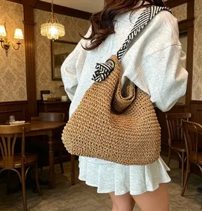 Women's Navy-Style Large-Capacity Straw Woven Tote Bag - Wide Shoulder Strap for Summer Beach Vacation, Commuter Use