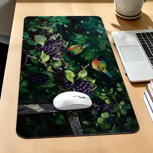Premium Two Colorful Birds And Purple Grapes On Vine Illustration High Quality Mouse Pad Modern Office Gaming Comfort Experience Non Slip Durable For Daily Work And Play  40*80 Size.