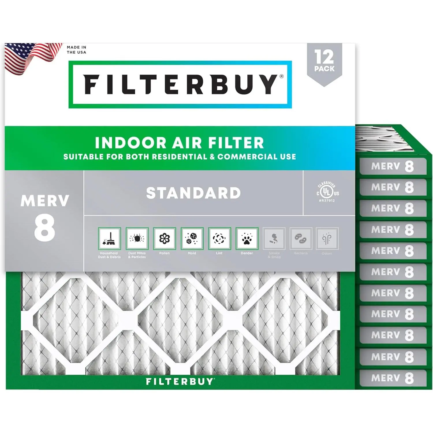 Filterbuy New 12x12x1 in Indoor HVAC AC Furnace Heat Pump Air Filter (12-Pack), Pleated MERV 8 Dander Defense Electrostatically Charged Eco-Friendly Recyclable Synthetic Media (Actual Size: 11.75x11.75x0.75 in)