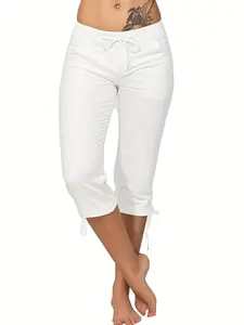 Women's Solid Color Drawstring Waist Capri Pants, Basic Comfy Cropped Trousers for Daily Wear, Ladies Casual Chic Bottoms for Spring & Summer, Womenswear, Boho Comfy Trousers, Casual Fit Trousers
