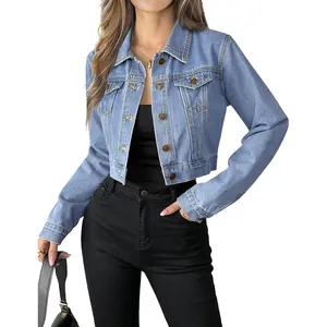 Button Down Long Sleeve Cropped Denim Jean Jacket with Pockets