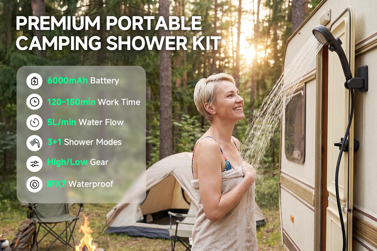 Senmeo Portable Outdoor Camping Shower - Black, 6000mAh USB Pump, Rechargeable, Ideal for Beach, Hiking, Pet Bathing, Easy to Carry, Versatile for Outdoor Activities