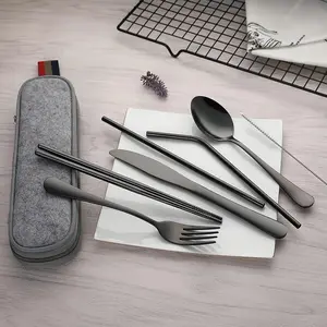 Black 8-Piece Portable Flatware Set – Stainless Steel, Includes Knife, Fork, Spoon, Chopsticks, Cleaning Brush, Straws and Storage Case