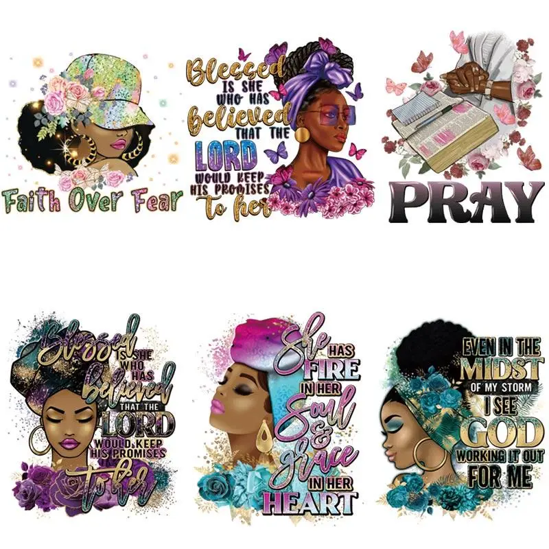 Beautiful Black Girl Pattern Iron On Transfer Heat Press Sticker, 6 Counts/set DIY Heat Transfer Sticker For T-shirt Hoodie Hat, Specialty DIY Supplie
