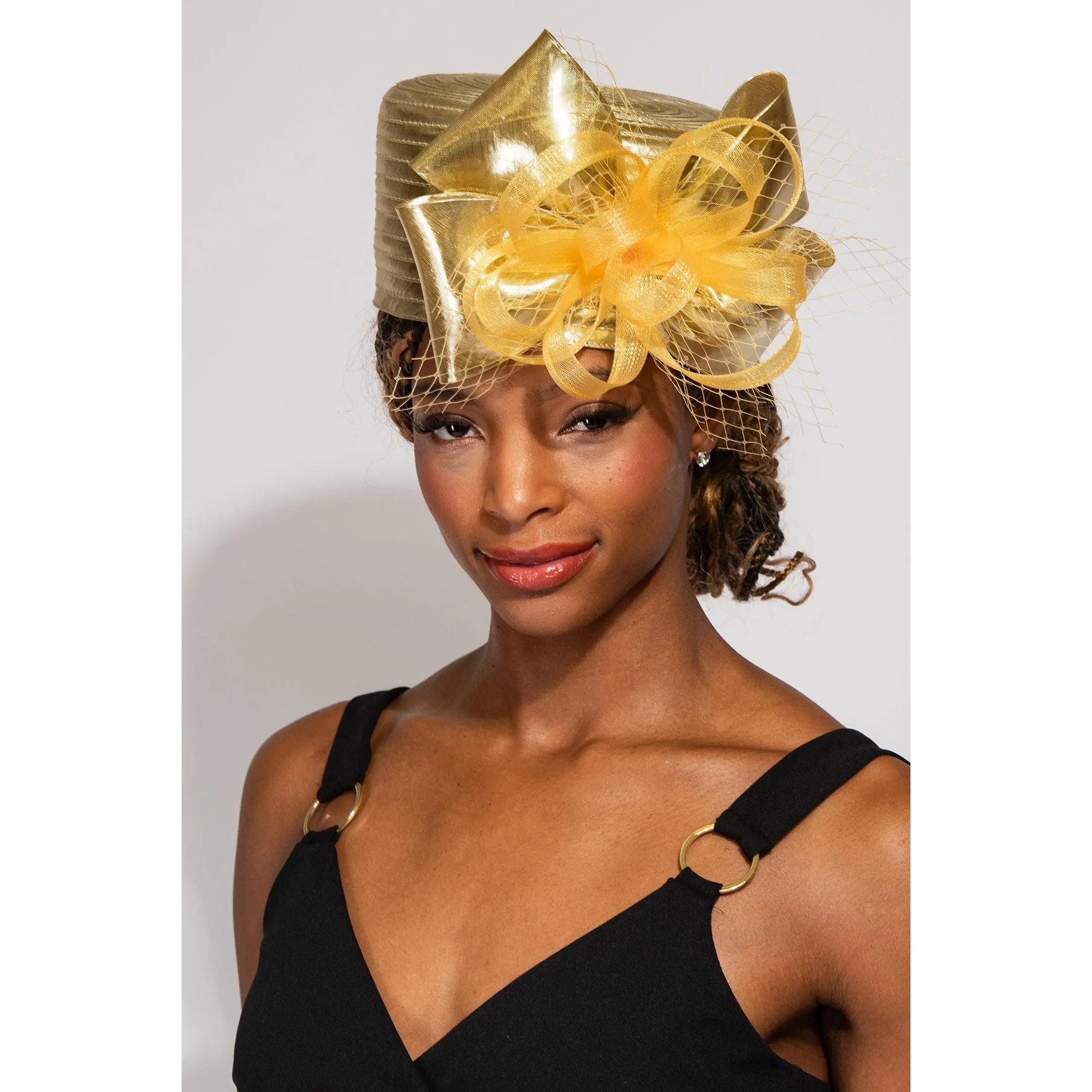 Selena Ribbon Metallic Dressy Netted Pill Box Braid Hat