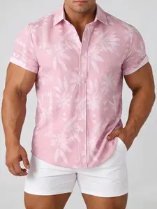 Men's Vacation Short Sleeve Shirt, Leaf Print Casual Fitted Top, Ditsy Floral Pattern, Spring & Fall Fashion, Comfortable Wear