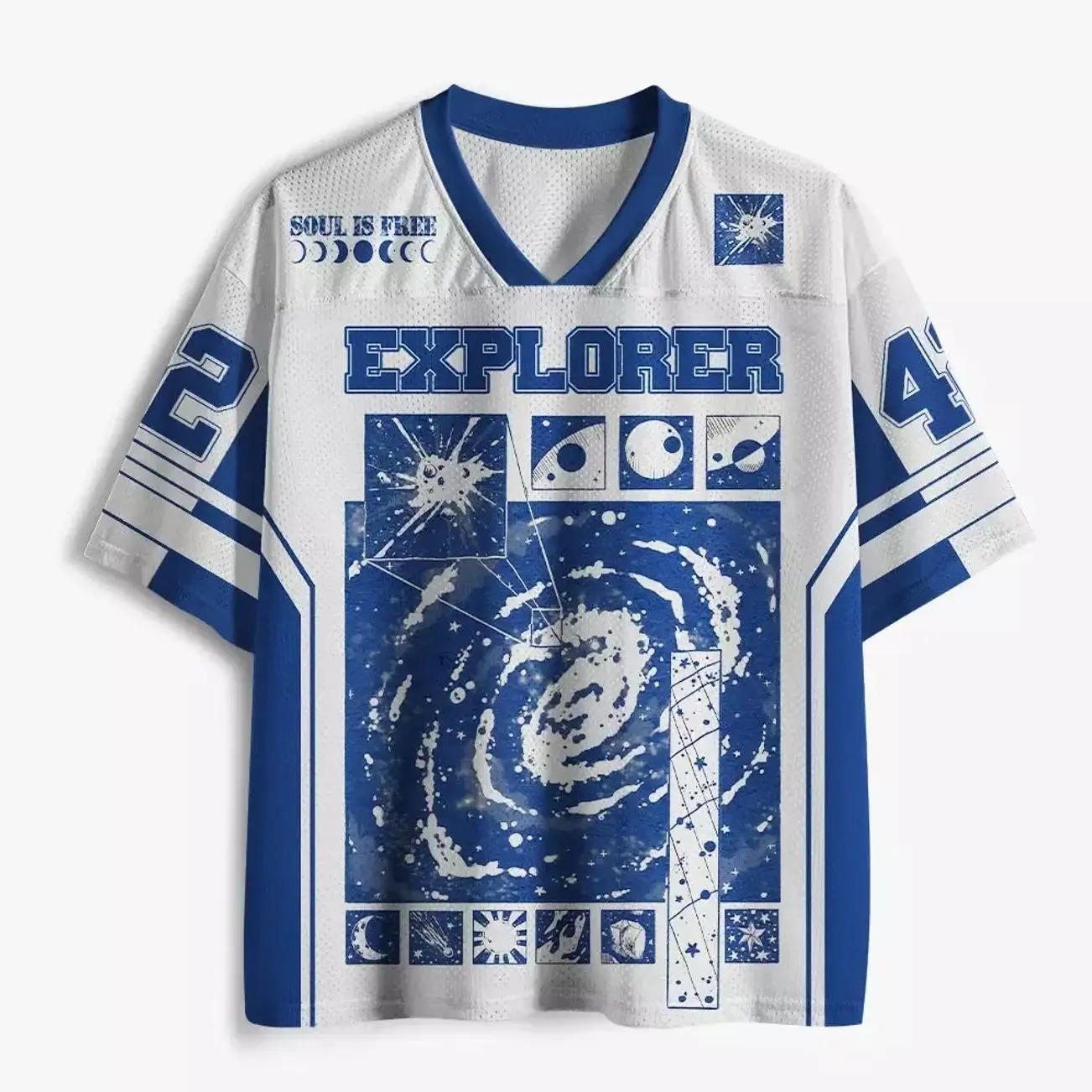 Space Exploration Mesh Jersey, Cosmic Graphic Sports Shirt, Futuristic Y2K Streetwear Mesh Top, Astronaut and Galaxy Inspired Design, Breathable Oversized Unisex Jersey, Trendy Casual Summer Shirt for Men & Women AWH