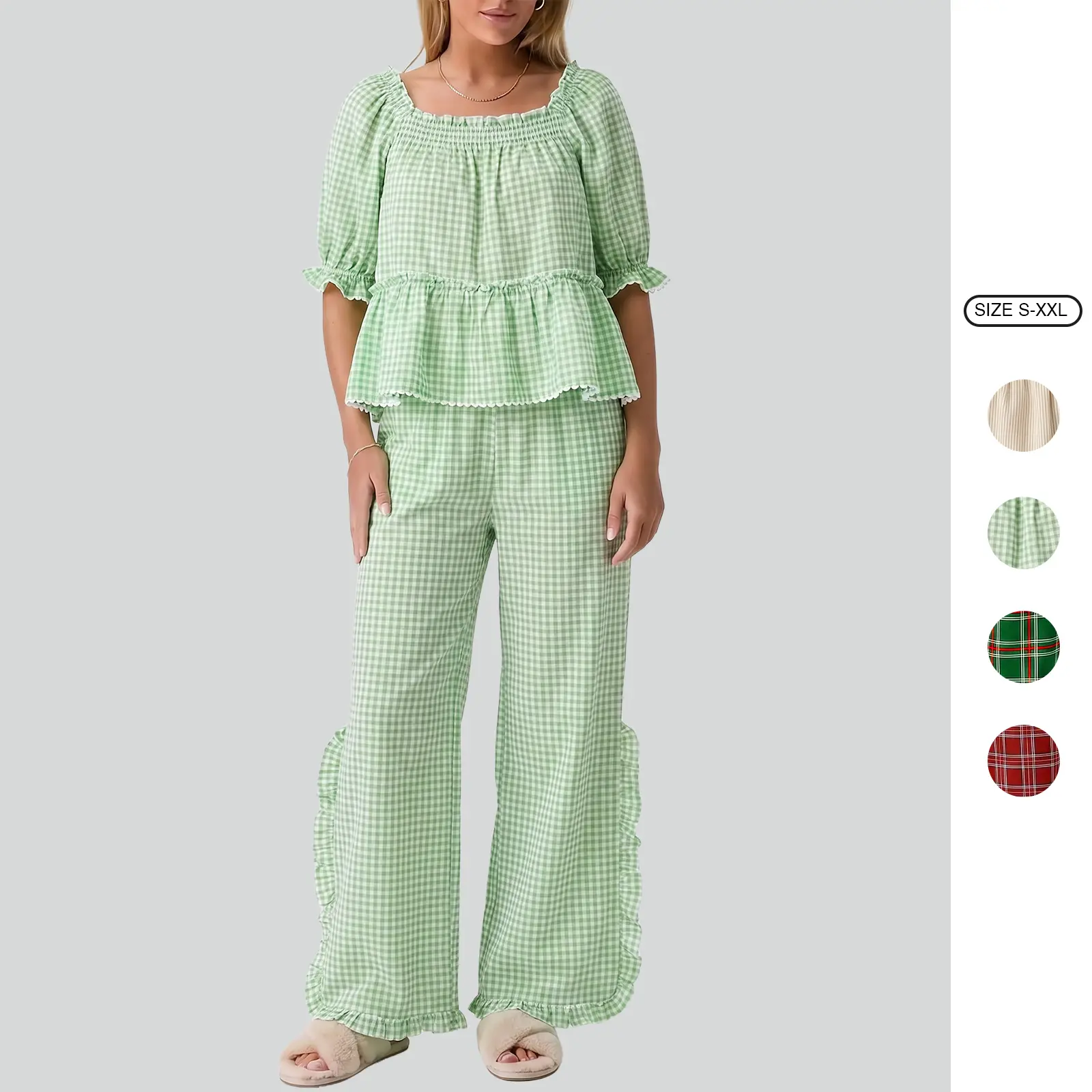 Imily Bela Women Plaid Ruffle Two Piece Pajama Sets Square Neck Puff Short Sleeve Crop Top Wide Leg Pants Matching Loungewear