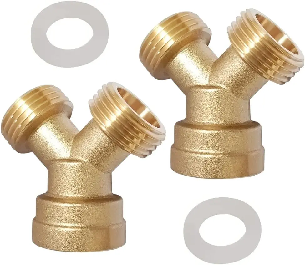 2-Count Brass 2-Way Y-Shaped Garden Hose Splitter Set, 3/4" GHT Female Threads Pipe Fitting Coupler Adapter with Washer, Larger Internal Diameter Flow, Leakproof Dual Outlets for Outdoor Garden & Backyard Watering & Irrigation