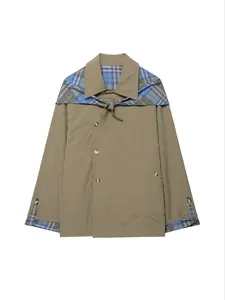 Women's Loose Scarf Collar Reversible Plaid Jacket, Long Sleeve Button Front Colorblock Coat, Casual Fashion Outerwear, Fitted, Womenswear