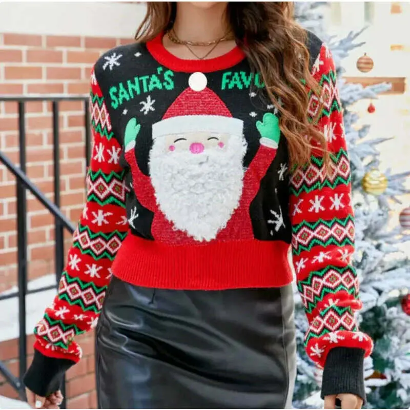 Festive Santa Claus Cropped Embroidered Pullover