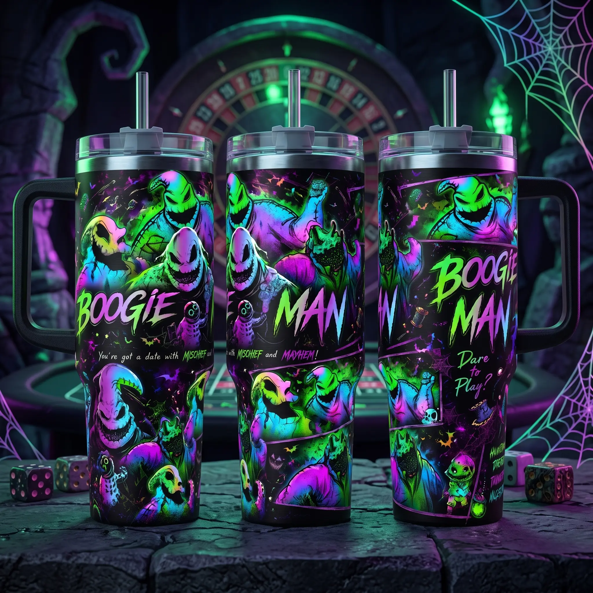 Boogie Man Halloween 40oz Tumbler, Spooky Nightmare Villain Cup, Neon Horror Travel Mug With Handle, Halloween Gift