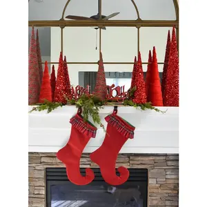 Red Velvet Christmas Stocking with Tartan Ruffle Trim