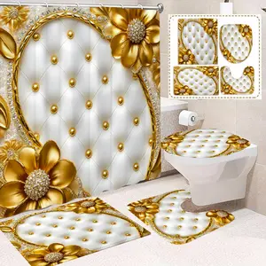 Polyester Shower Curtain Set (1/3/4-Piece Options) with Non-Slip Mat, U-Shaped Mat, Toilet Seat Cushion, Bathroom Partition & Garden-Friendly Bathroom Supplies for Home Decoration