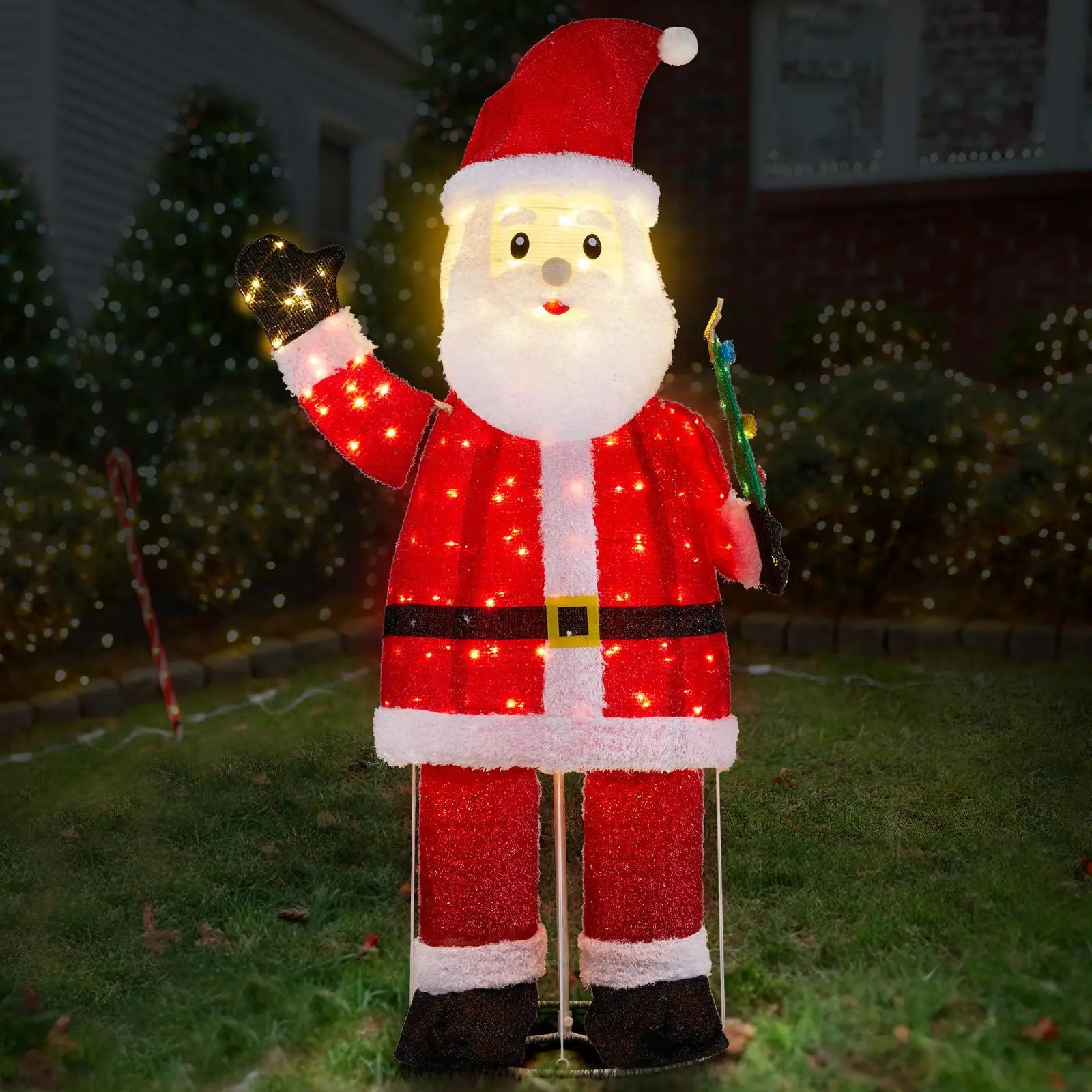 Karlhome  6FT Lighted Waving Santa Yard Decor - Pre-lit Pull-Up Design with 180 Warm White LEDs, Ropes & Stakes (Indoor/Outdoor)