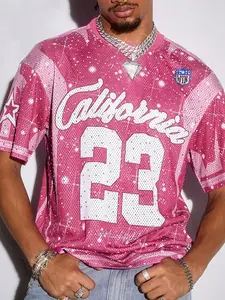 Men's Pink Glitter Football Jersey, California 23 Rhinestone Graphic Oversized Short Sleeve T-Shirt, Street Style For Hip-Hop & Casual Outfits