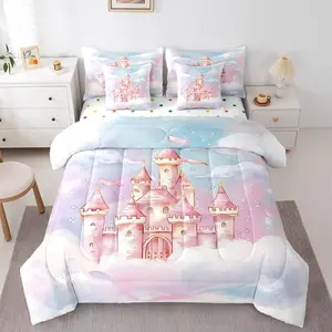 Feelyou 7-Piece Princess Blanket Bedding Set - Castle Theme Comforter, Garden-Inspired Sheets, Multi-Size Bed-in-A-Bag for Teens, Machine Washable Bedding Set