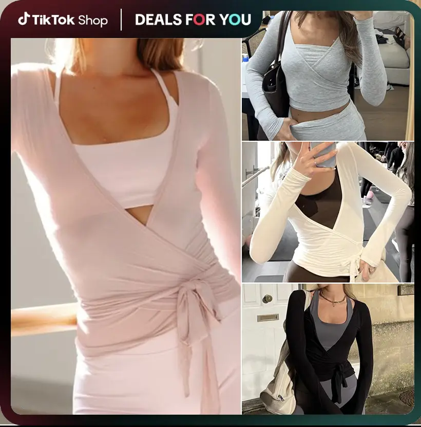Women’s Cross Wrap Tie Tops, Long Sleeve Deep V Neck Solid Color Fit T-Shirts, Workout Blouses Solid Color Shirts, Ladies Top for Indoor Outdoor Wear,