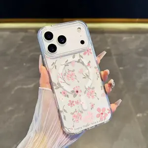 Pink small floral fragments Magnetic Case for iPhone 17 Pro Max Air 16 16e 15 14 Plus 13 12 11 X XS Transparent Acrylic Scratch-resistant skin-friendly feel Smartphone Cover Gift