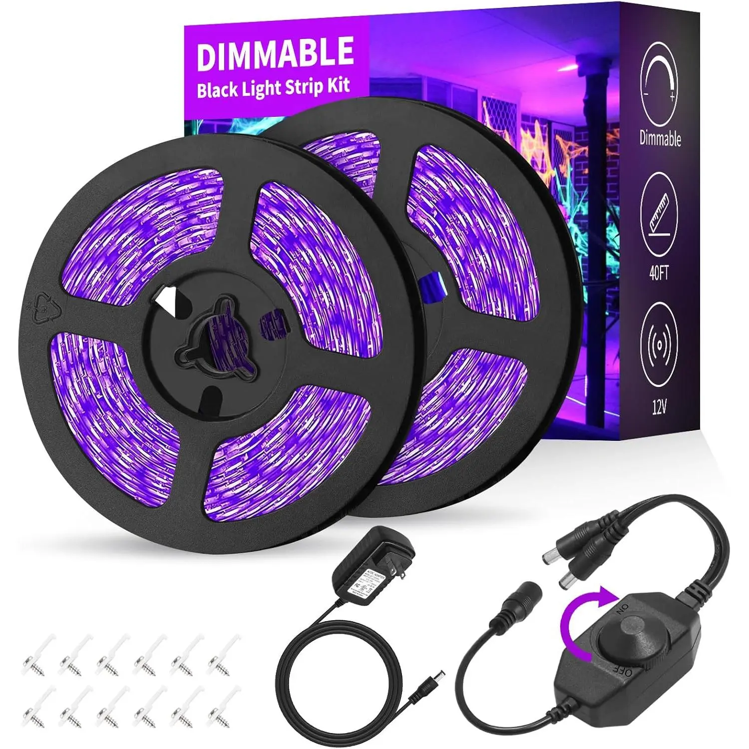 Black Light Strip Kit 40ft/12M 720 LEDs 385nm-400nm 12V Flexible Black Light Fixtures for Glow Party, Halloween, Indoor, Bedroom Decor