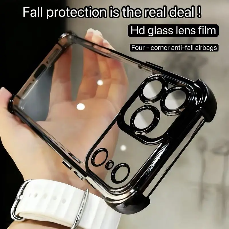Four-corner anti-fall transparent mobile phone case, frame electroplating, mobile phone case with anti-fall safety pad, suitable for iPhone17promax, iPhone16 15 14 13 12 11promaxplus, sturdy and thickened mobile phone case