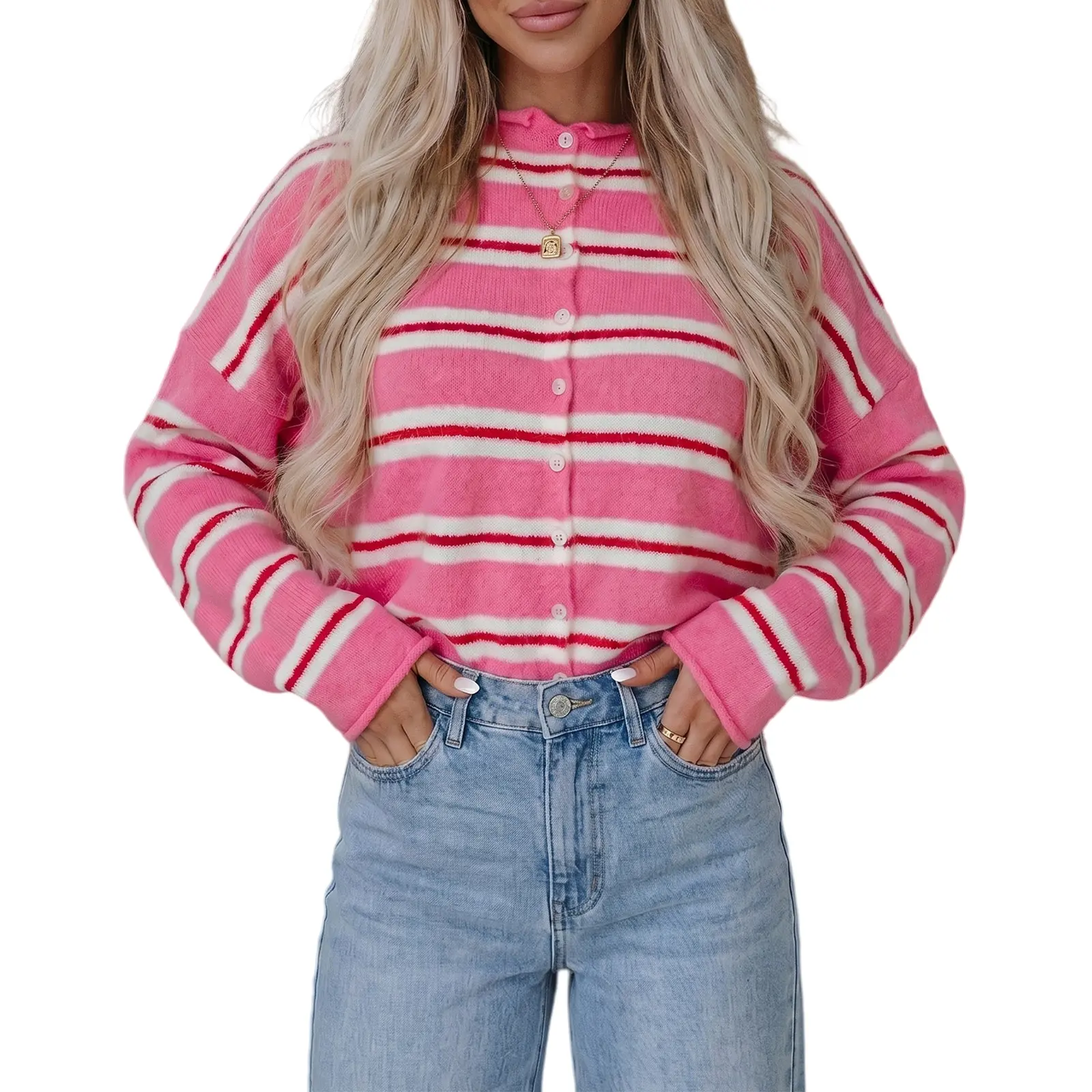 Asvivid Women Striped Knitwear Top Button Front Long Sleeve Soft Cozy Knit Drop Shoulder Sweater Cardigan Casual Wear Womenswear