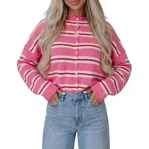 Asvivid Women Striped Knitwear Top Button Front Long Sleeve Soft Cozy Knit Drop Shoulder Sweater Cardigan Casual Wear Womenswear