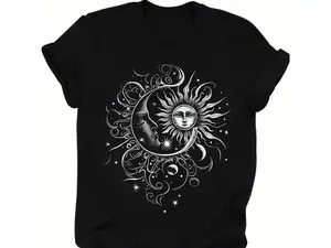 Fashion Retro Women's Summer T-Shirt with Artistic Sun and Moon Print Comfortable Casual Wear in Sizes S-Xxl Breathable Fit for Everyday Outings