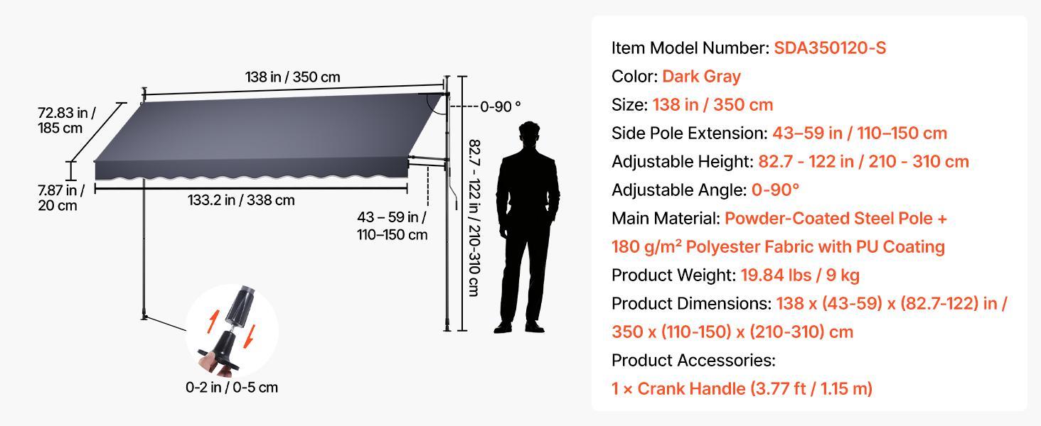 VEVOR Manual Retractable Awning, 138" Outdoor Retractable Patio Awning Sunshade Shelter, Height Adjustable Patio Door Window Canopy with Manual Crank Handle for Backyard, Garden, Balcony, Dark Gray VEVOR Manual Retractable Awning, 138" Outdoor Retractable Patio Awning Sunshade Shelter, Height Adjustable Patio Door Window Canopy with Manual Crank Handle for Backyard, Garden, Balcony, Dark Gray