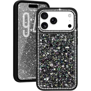 Phone Cases for iPhone 17 Pro Max 16 15 14 13 12 11 Pro Max Plus Case Glitter, Girly Cute Bling Glittery Sparkle Cover with Shiny Diamonds Rhinestones for Women Girls, Soft Slim Shockproof Protective Phone Case for iPhone 17 Pro Max, Black