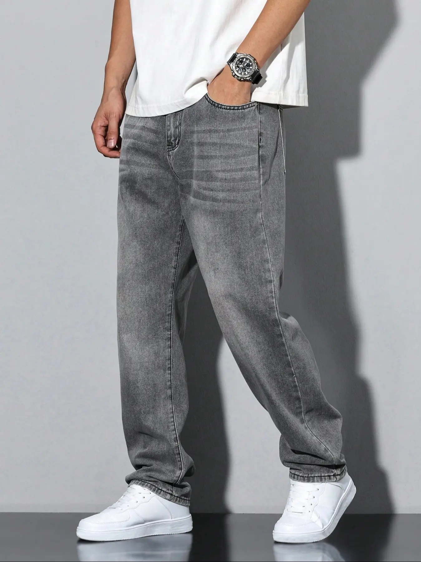 Men's Solid Color Plain Straight-Leg Day Wear Jeans, Denim High Rise, Regular Fit Casual Streetwear Comfortable Denim Trousers for Daily Wear, Denim Bottoms for All Seasons, Pants, Menswear