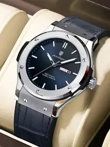 Men's Fashion Stylish Watch 30m Waterproof Luminous Hands Stainless Steel Case Blue Dial Date Calendar Luxury Business Quartz Wristwatch