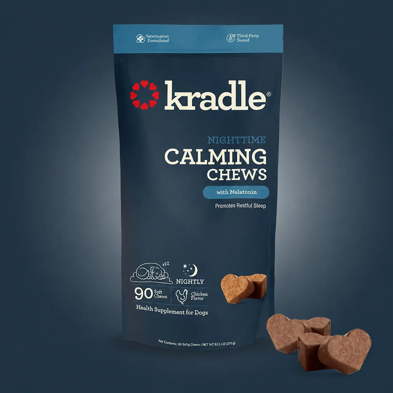 Kradle Nighttime Calming Chew with Melatonin for Sleep for Dogs - 90 Count Chicken-Flavored Soft Chews