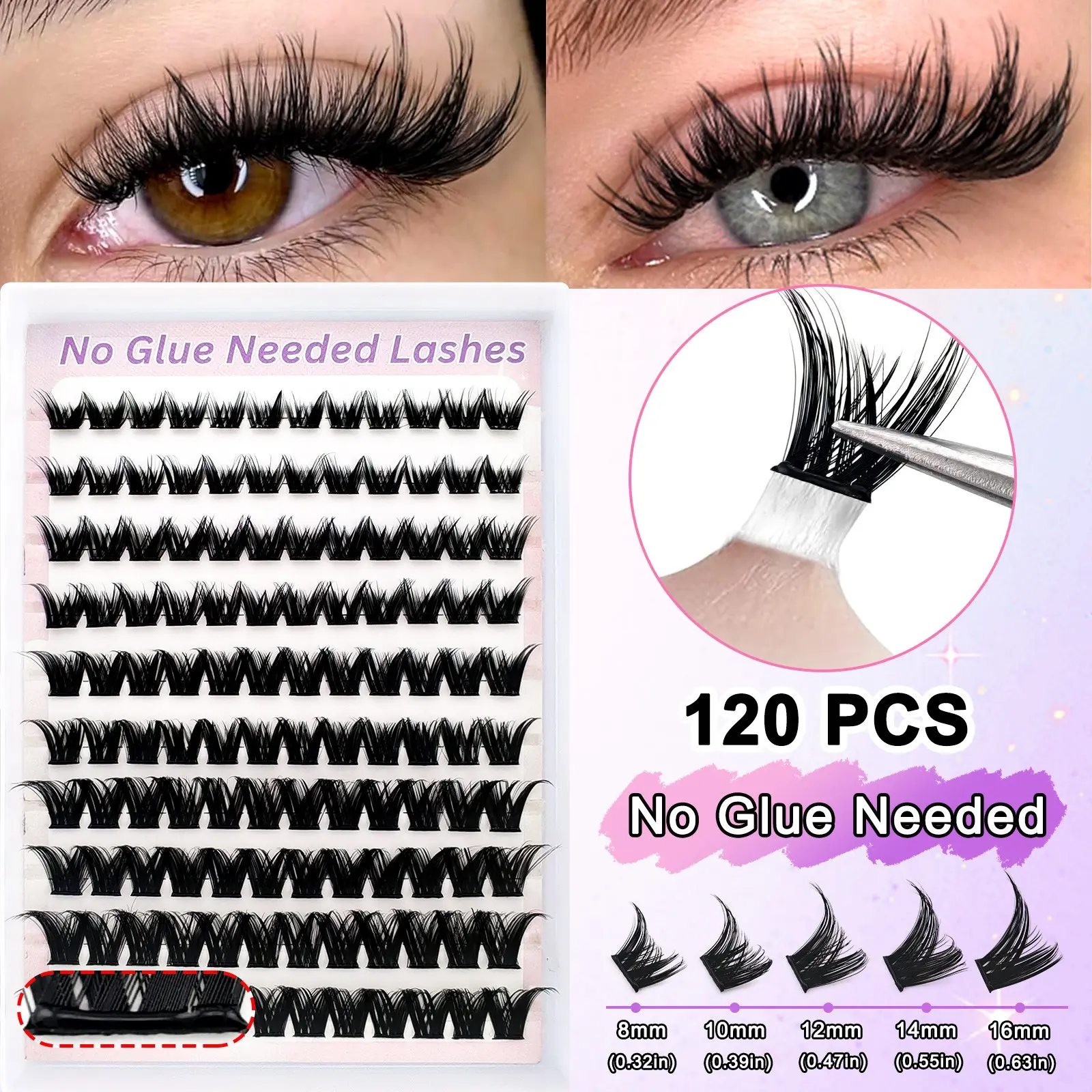 120 Pairs Self-Adhesive Glue-Free False Eyelashes, Mixed Lengths 8-16mm, D-Curve Curl, Voluminous, Dense, Cat Eye, Cosplay, Travel Friendly