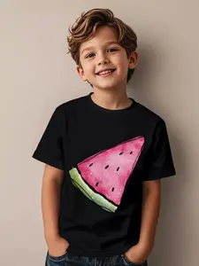 Juicy Fruits Boys & Girls Kids Short Sleeve T-Shirt - Watermelon Slice & Fruit Print, Black with Pink & Green Design, Soft Round Neck Casual Playwear, Birthday Party Outfit, Machine Washable Summer Clothes for Boys and Girls