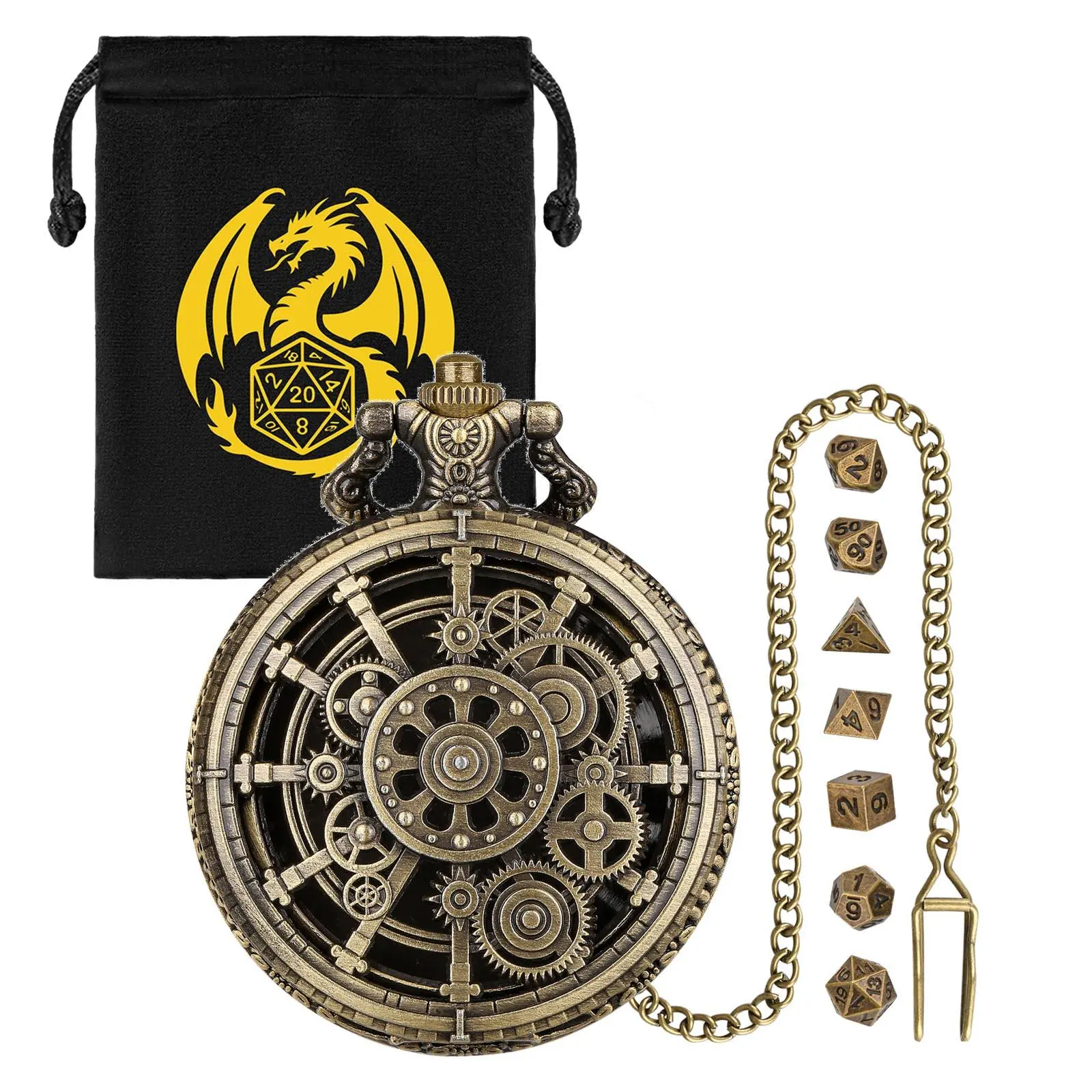 7-Piece Polyhedral Metal Dice Set with 3D Carved Pocket Watch, Tabletop Game Accessory for Family Gatherings, Birthday Gift for Women by GZ TJKD Crafts Limited