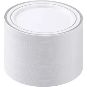 100PCS White for, 10.25 Inch Disposable with Silver Rim, Dinner for Wedding and Birthday