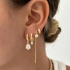 TEWIKY 14K Gold Four Pairs of Earrings, Smooth Hoop Earrings with Flat Pearl Pendants, Summer Women's Fashion Casual Earrings, Suitable for Various Outfits
