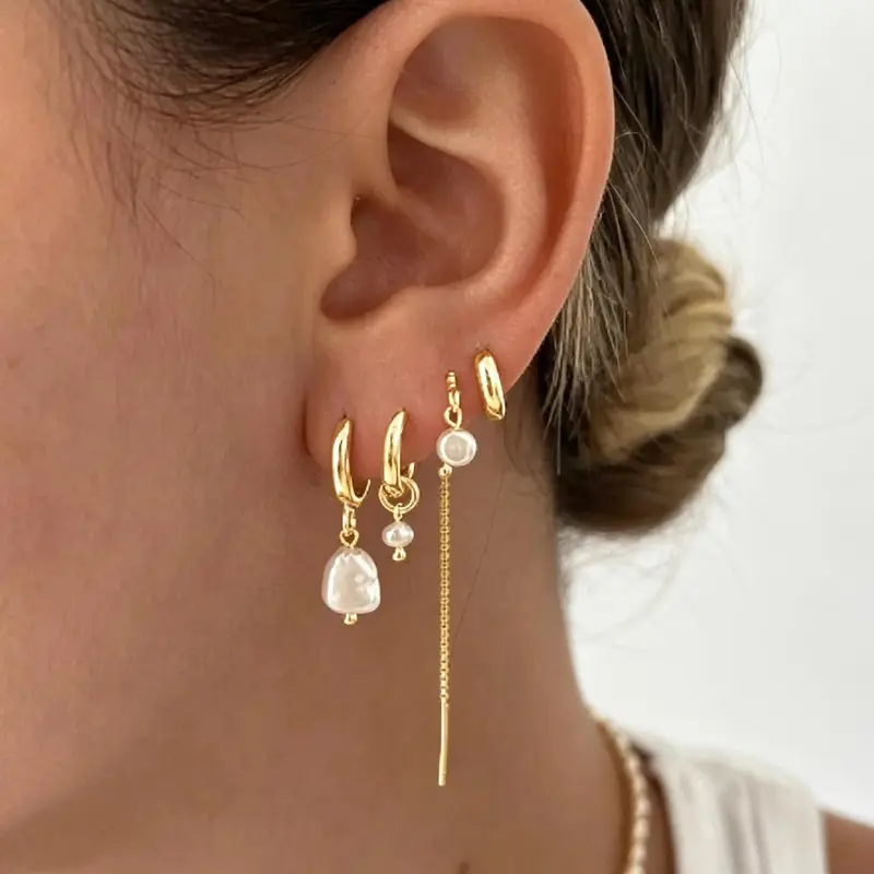 TEWIKY 14K Gold Jewelry 4 Pair Earrings Set Smooth Hoops with Flat Pearl Pendants, Women's Summer Fashion Casual Earrings for Versatile Outfits, Gold Earrings