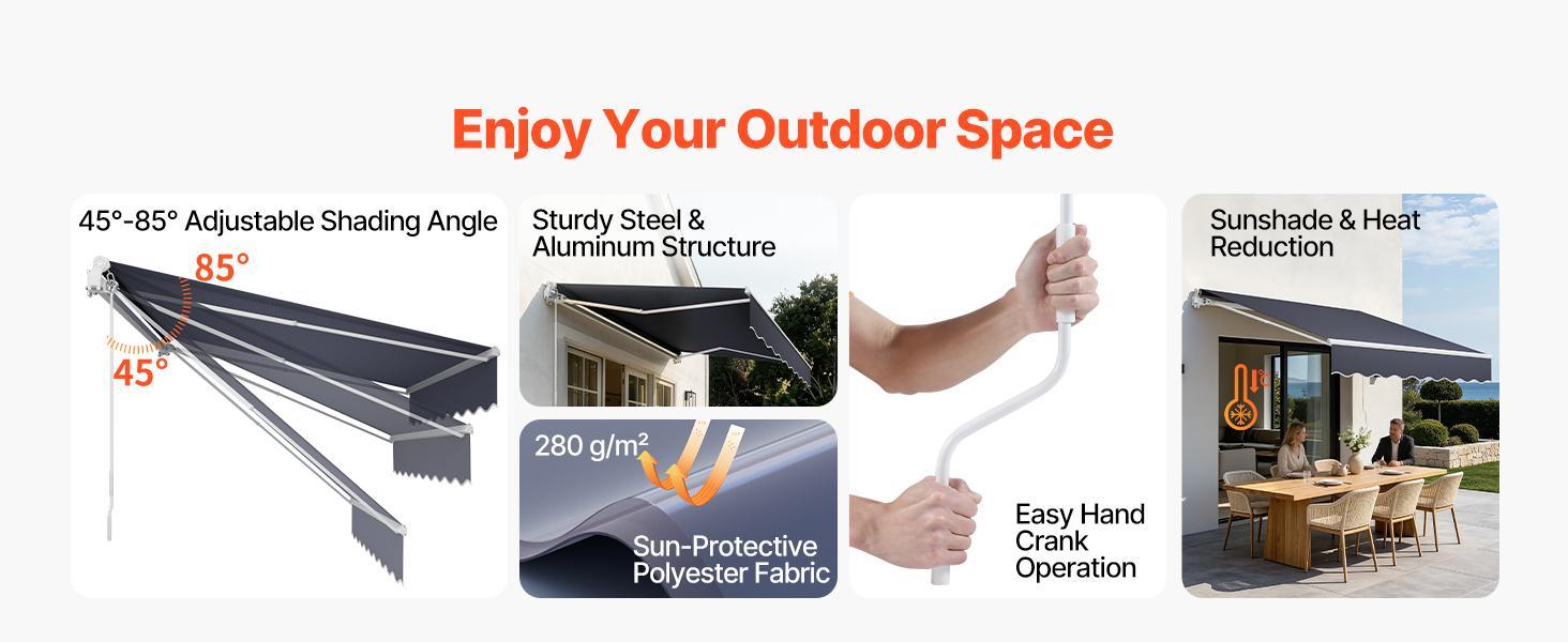 VEVOR Manual Retractable Awning, 9.8' x 8.2' Outdoor Patio Awning Retractable Sun Shade, Patio Door Window Water-Resistant Polyester Sunshade Shelter with Crank Handle for Deck, Balcony, Yard, Gray