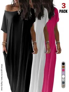 2026 Spring Summer Women's Off Shoulder Maxi Dress, Short Sleeve Loose Casual T-Shirt Dress, Soft Breathable Loungewear with Pockets, Solid, Striped & Print Options for Beach & Daily Wear