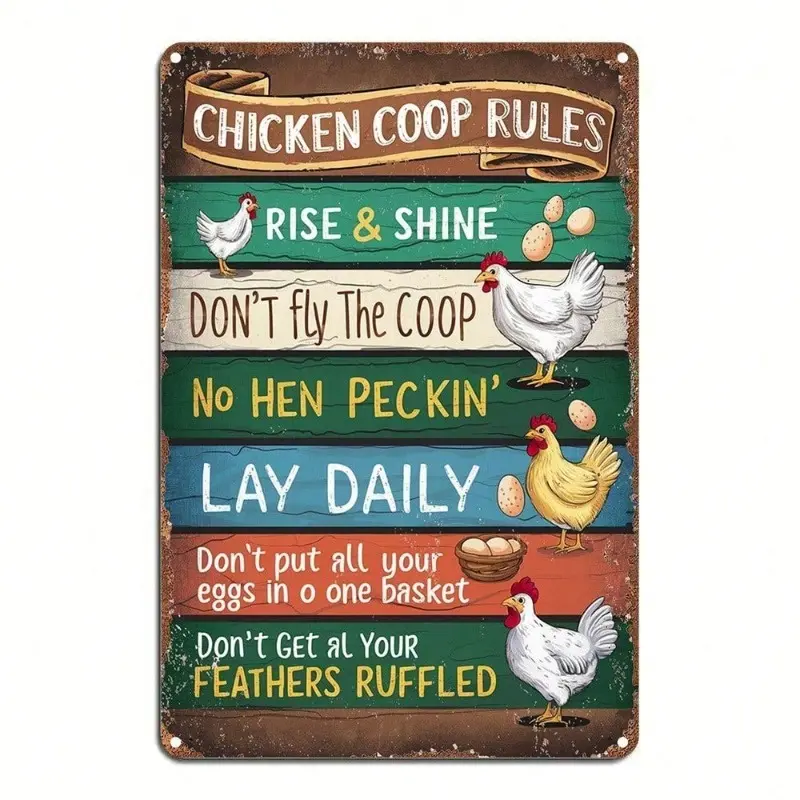 SHEIN Metal Wall Sign Vintage Chicken Coop Rules Plaque, Rustic 2D Flat Iron Art for Farmhouse Decor, Crafted Heritage Tin Sign