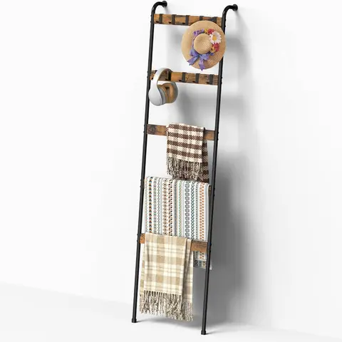 5-Layer Rustic Freestanding Wood Frame Blanket Ladder Shelf - Metal Construction, 10 Removable Hooks, Anti-Slip Pads, Cottage Style Organiser for Bedroom, Indoor Shelves for Bedroom Storage Rack#tiktokshopsummersale