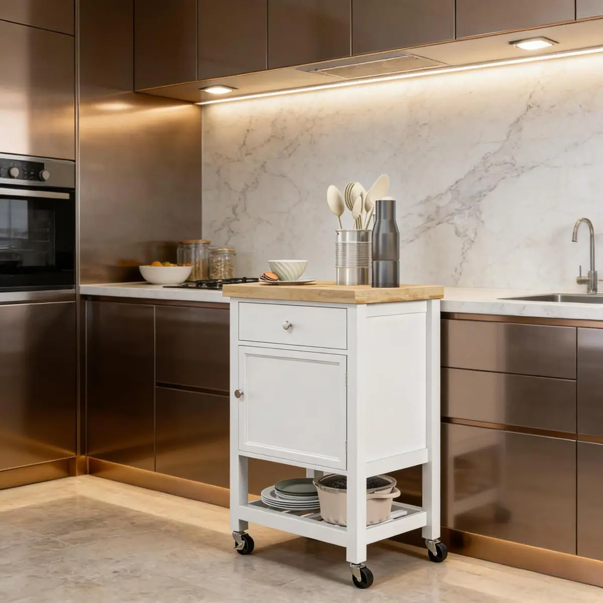 Wood Mobile Kitchen Island with Rubber Casters, Rolling Kitchen Cart Featuring Shelf, Rack, and Drawer